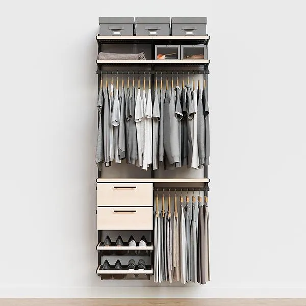 Décor+ by Elfa 3' Closet w/ Solid Drawers Mt Grey & Nat Birch
