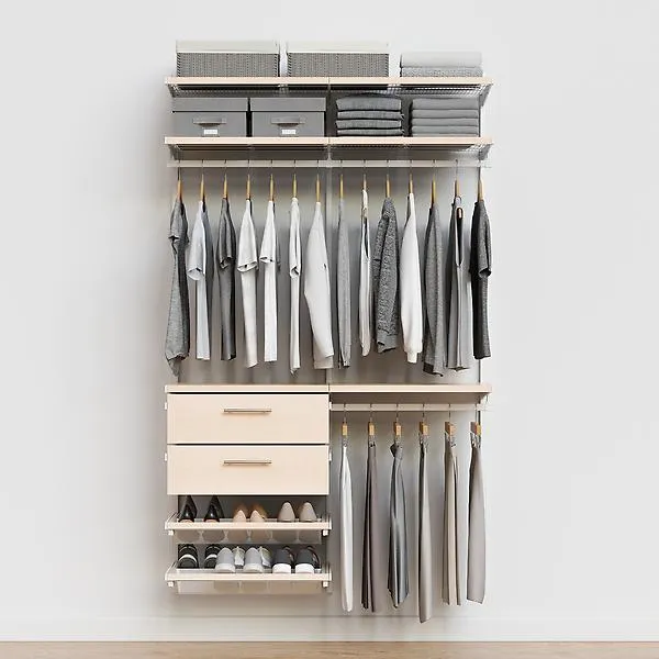 Décor+ by Elfa 4' Closet w/ Solid Drawers Mt White & Nat Birch